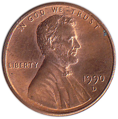 (1990d) Монета США 1990 год 1 цент   150-летие Авраама Линкольна, Мемориал Линкольна Латунь  VF