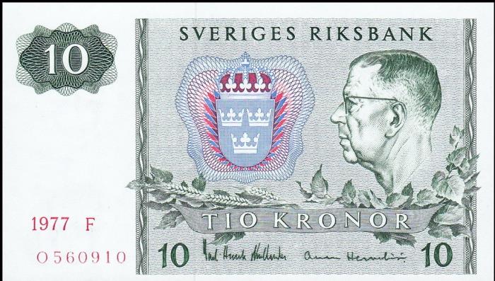 (,) Банкнота Швеция 1977 год 10 крон &quot;Густав VI Адольф&quot;   UNC