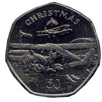 (1985) Монета Остров Мэн 1985 год 50 пенсов "Рождество Самолёт Хэвиленд DH.84 Дракон"  Медь-Никель  