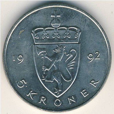 () Монета Норвегия 1992 год 5 крон &quot;&quot;  Медь-Никель  UNC