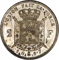 (№1866km30.2) Монета Бельгия 1866 год 2 Francs (Французская легенда - без креста на короне)