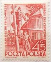 (1951-041) Марка Польша "Строительство ЛЭП (Красная)"   Шестилетний план: электрическая промышленнос