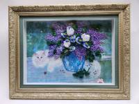 Картина Белый кот и Сирень объемная из атласной тесьмы в красивой раме