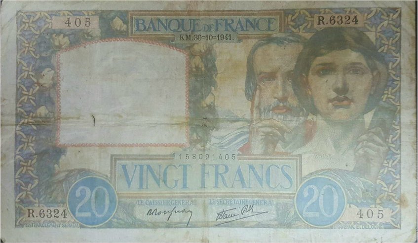 (№1941P-92b.8) Банкнота Франция 1941 год &quot;20 Francs&quot;