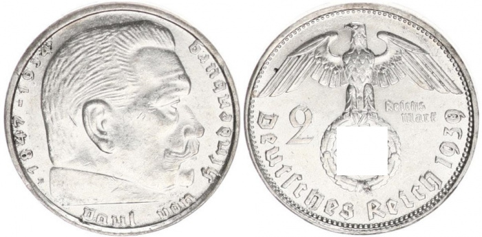 (1939B) Монета Германия (Рейх) 1939 год 2 марки &quot;Пауль Гинденбург&quot;  Свастика Серебро Ag 900  XF