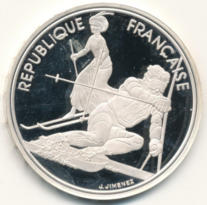 (1990) Монета Франция 1990 год 100 франков &quot;XVI Зимняя Олимпиада 1992 Альбервиль. Слалом&quot;  Серебро A
