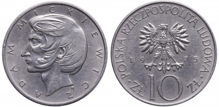 (1975) Монета Польша 1975 год 10 злотых &quot;Адам Мицкевич&quot;  Медь-Никель  XF