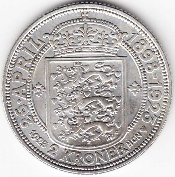 () Монета Дания 1923 год 2 кроны &quot;&quot;  Серебро (Ag)  UNC