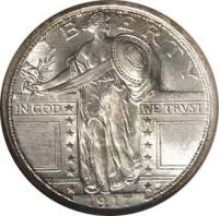 (1916) Монета США 1916 год 25 центов "Стоящая Свобода" 1. Без звёзд под орлом Серебро Ag 900  VF