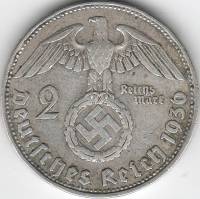 (1936) Монета Германия (Рейх) 1936 год 2 марки "Пауль Гинденбург"  Свастика Серебро Ag 900  XF