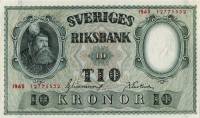 (,) Банкнота Швеция 1943 год 10 крон "Густав I Васа"   UNC