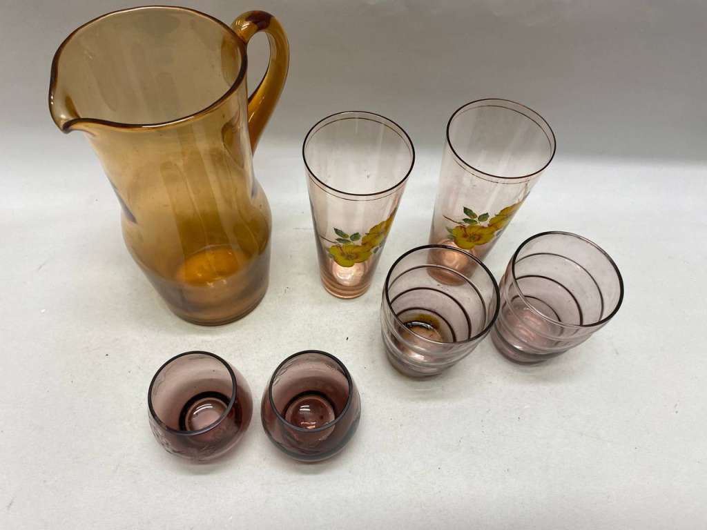 Стакан 6 шт и кувшин, цветное стекло