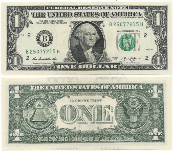 (2013B) Банкнота США 2013 год 1 доллар &quot;Джордж Вашингтон&quot;   UNC
