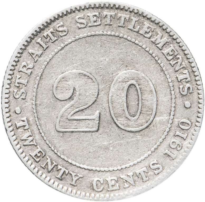 (1910) Монета Стрейтс Сетлментс Поселения у пролива 1910 год 20 центов &quot;Эдуард VII&quot;  Серебро Ag 600 