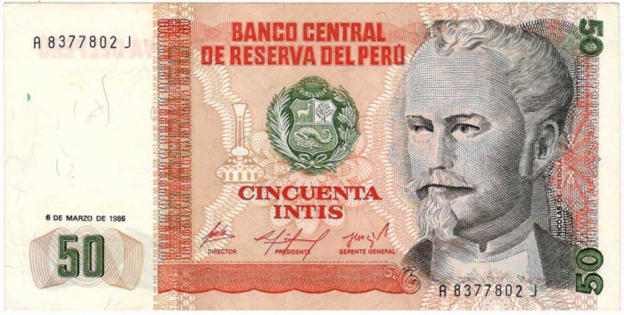 (1986) Банкнота Перу 1986 год 50 инти &quot;Николас де Пьерола&quot;   UNC