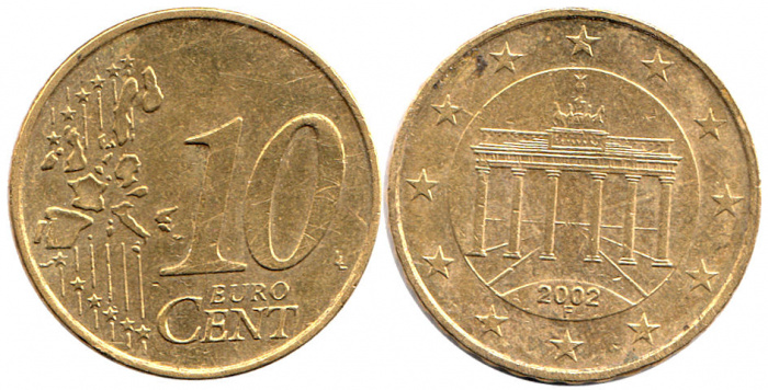 (2002) Монета Германия (ФРГ) 2002 год 10 центов  1. Старая карта ЕС. Двор F Северное золото  VF