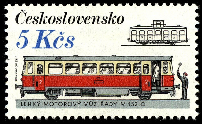 (1986-040) Марка Чехословакия &quot;Локомотивы и трамваи  М 152.0&quot;    Рельсовый транспорт II O