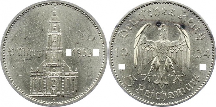 (1934A) Монета Германия (Рейх) 1934 год 5 марок &quot;Кирха в Потсдаме&quot;  C подписью Серебро Ag 900  XF
