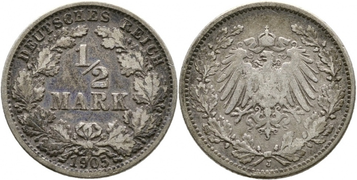 (1905J) Монета Германия (Империя) 1905 год 1/2 марки   Серебро Ag 900  VF
