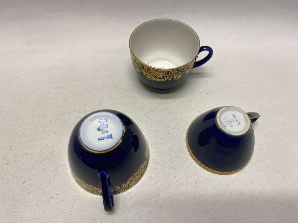 Чайные чашки 3 шт кобальт позолота ЛФЗ