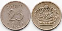 (1954) Монета Швеция 1954 год 25 эре   Серебро Ag 400  XF