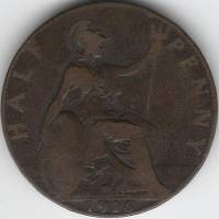 (1916) Монета Великобритания 1916 год 1/2 пенни "Георг V"  Медь  VF
