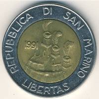1991 Монета Сан-Марино 500 лир Гостеприимство  Биметалл  UNC