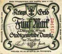 (№1918P-7b) Банкнота Данциг 1918 год "5 Mark"
