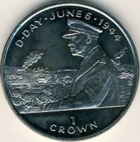 (1994) Монета Остров Мэн 1994 год 1 крона "Высадка в Нормандии Эйзенхауэр"  Серебро Ag 925  PROOF