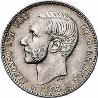 (1883) Монета Испания 1883 год 1 песета "Альфонсо XII"  Серебро Ag 835  UNC