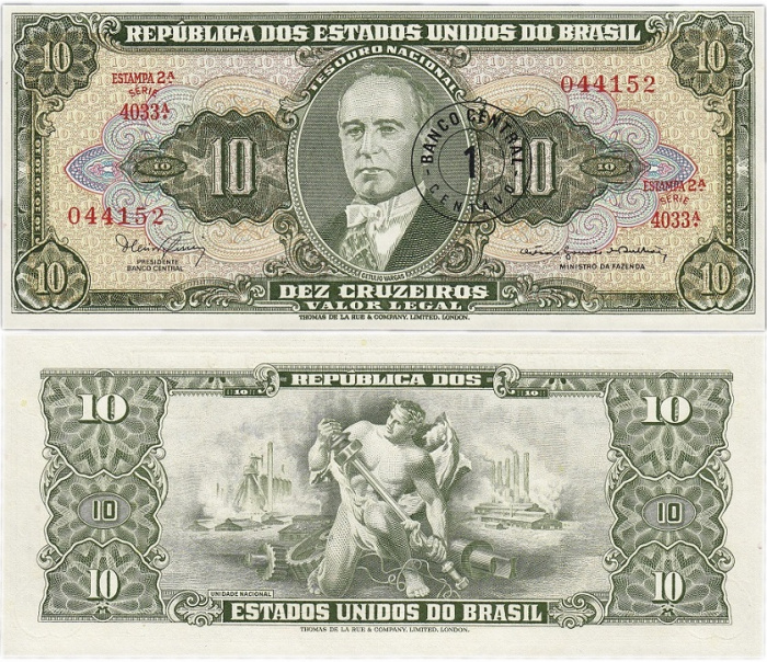 (1966-1967) Банкнота Бразилия 1966-1967 год 1 центаво &quot;Надп на 10 крузейро 1961-63&quot;   UNC