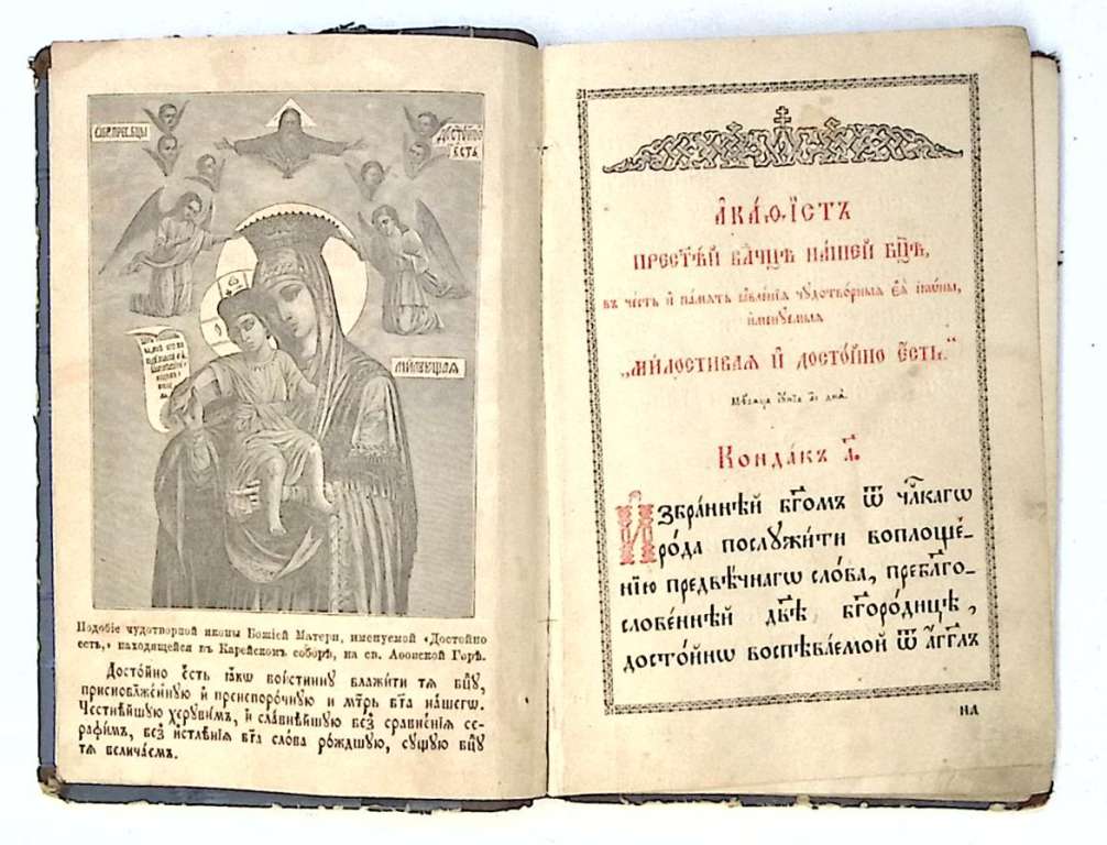 Книга Акафист Богородице и Св. Пантелеймону 19 век . Москва Твёрдая обл. 48 с. С ч/б илл