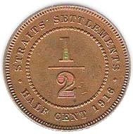 (№1916km28) Монета Стрейтс Сетлментс 1916 год frac12; Cent