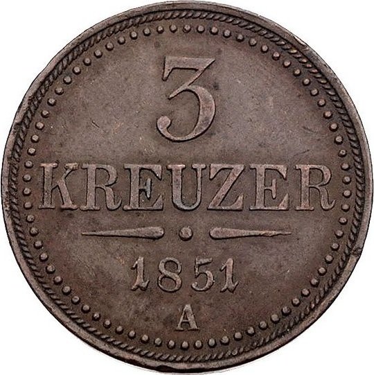 (№1851km2193) Монета Австрия 1851 год 3 Kreuzer (1/40 Талер - А, Б, В, Г)
