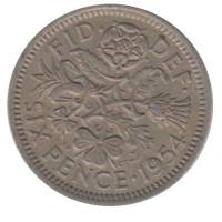 1954 Монета Великобритания 1954 год 6 пенсов Елизавета II  Медь-Никель  XF