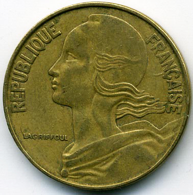 (1968) Монета Франция 1968 год 20 сантимов &quot;Марианна&quot;  Бронза  VF