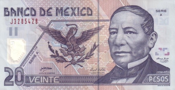 (,) Банкнота Мексика 2005 год 20 песо &quot;Бенито Хуарес&quot;   UNC
