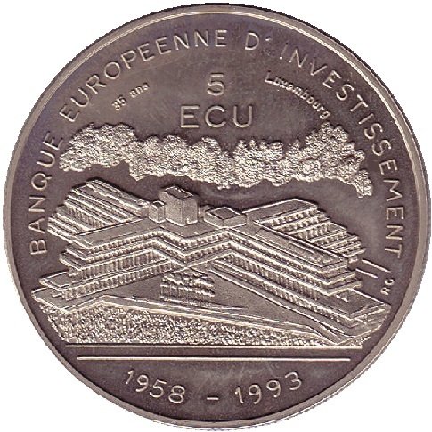 (1993) Монета Люксембург 1993 год 5 экю &quot;Европейский банк инвестиций&quot;  Медь-Никель  PROOF