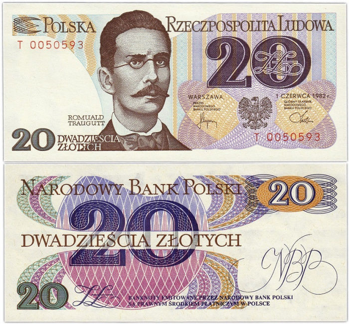 (1982) Банкнота Польша 1982 год 20 злотых &quot;Ромуальд Траугутт&quot;   UNC