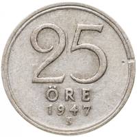 (1947) Монета Швеция 1947 год 25 эре   Серебро Ag 400  VF