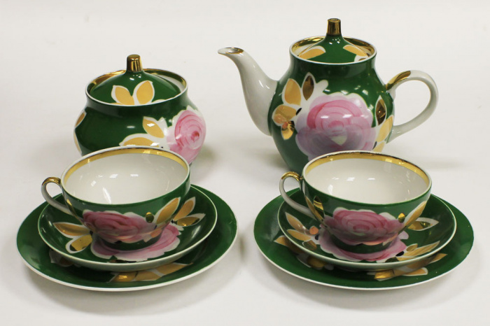 Чайный набор на 2 персоны &quot;Чайная роза&quot;, фарфор Дулёво, 1989 г., 8 предметов (см. фото)