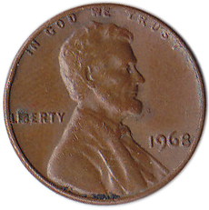 (1968) Монета США 1968 год 1 цент   150-летие Авраама Линкольна, Мемориал Линкольна Латунь  VF