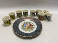 Рюмки перламутр 9 шт и тарелка, керамика