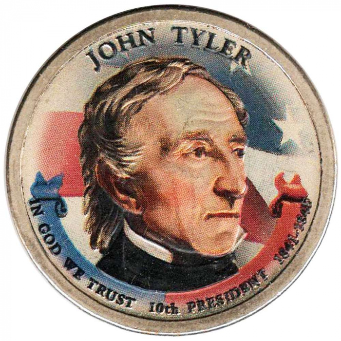 (10d) Монета США 2009 год 1 доллар &quot;Джон Тайлер&quot;  Вариант №2 Латунь  COLOR. Цветная