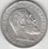 1911F Монета Германия Вюртемберг 3 марки Вильгельм II  Серебро Ag 900  XF