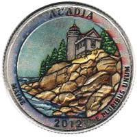 013p Монета США 2012 год 25 центов Акадия  Вариант №2 Медь-Никель  COLOR. Цветная