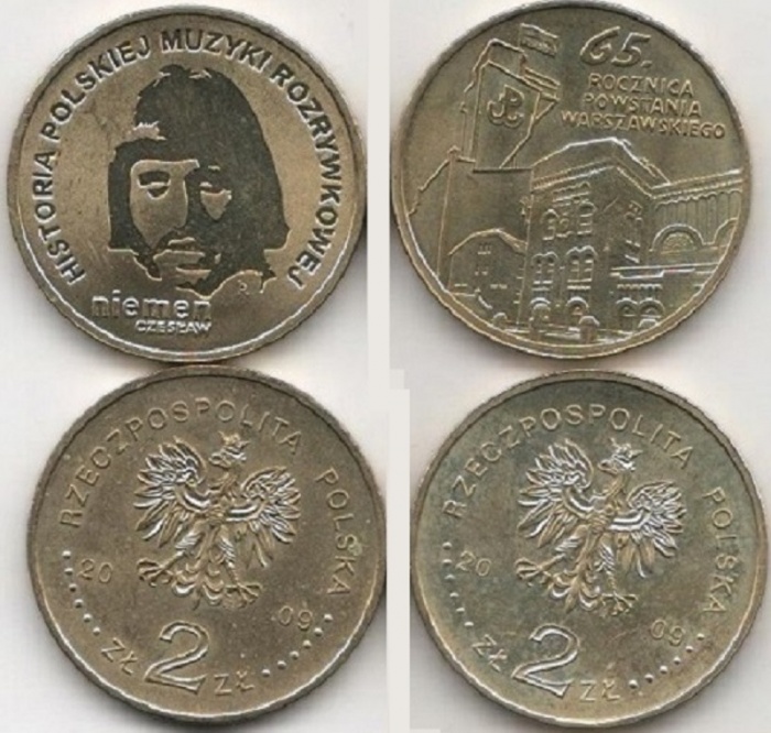 173 175 2 монеты по 2 злотых Набор монет Польша 2009 год   UNC