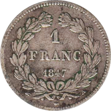 (1847A) Монета Франция 1847 год 1 франк   Серебро Ag 900  VF