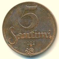(1922) Монета Латвия 1922 год 5 сантимов   Бронза  XF