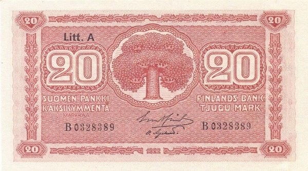 (1922 Litt A) Банкнота Финляндия 1922 год 20 марок    UNC
